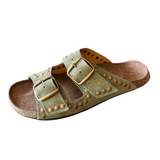 Bosabo Buckled Slides / Gold Shimmer Khaki Suede