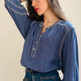 Marie Louise De Monterey Amelie Feather Stitch Blouse / Blue