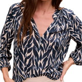 Bella Dahl Long Sleeve Shirred Raglan Shirt / Navy Leaves Print