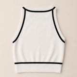 Imperial Cropped Knitted Tank Top / White- Navy trim