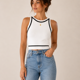 Imperial Cropped Knitted Tank Top / White- Navy trim