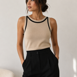Imperial Cropped Knitted Tank Top / Beige - Black trim