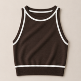 Imperial Cropped Knitted Tank Top / Chocolate - White trim
