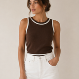 Imperial Cropped Knitted Tank Top / Chocolate - White trim