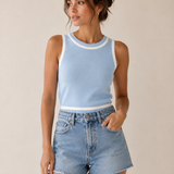 Imperial Cropped Knitted Tank Top / Baby Blue - White trim