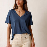 Indi & Cold Linen V-neck T-shirt / Indigo