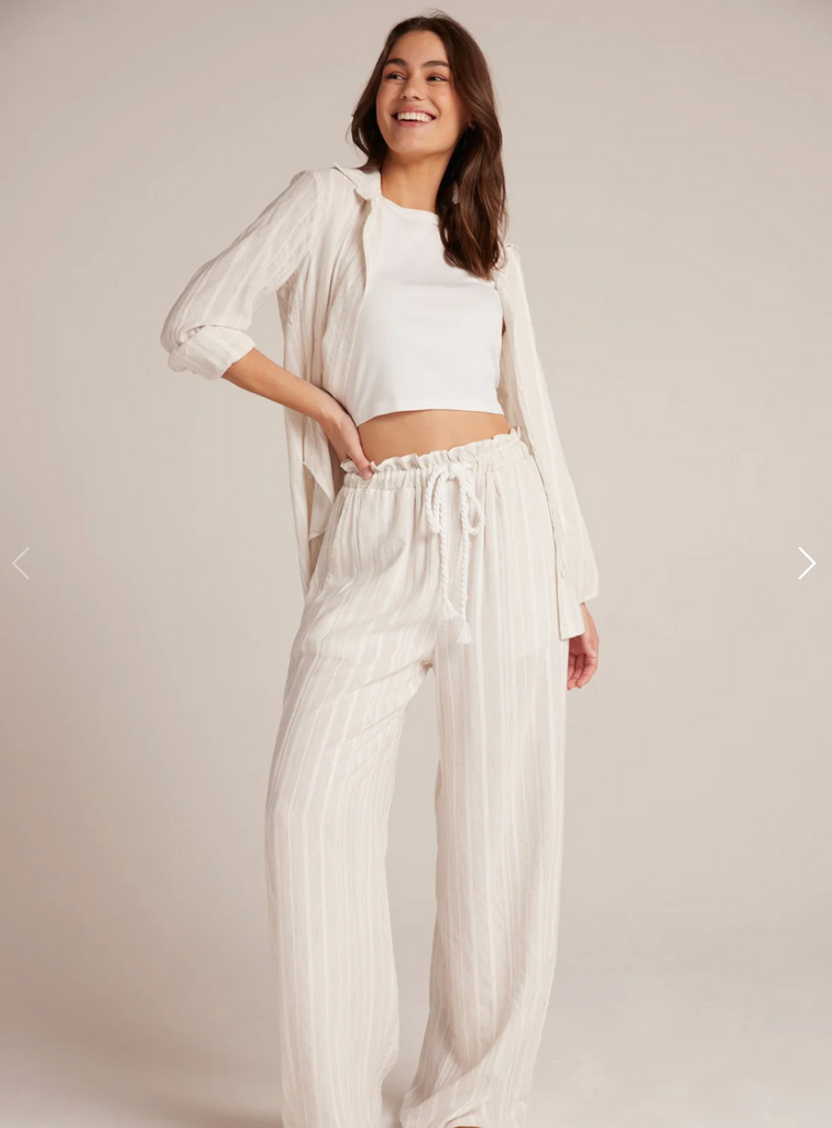 Bella Dahl Ruffle Waist Wide Leg Pant White Sand Stripe Enzo