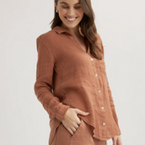 Bella Dahl Pocket Button Down Linen Shirt - Terracotta Brown