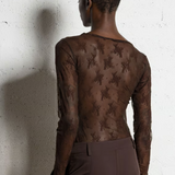 Imperial Fitted round neck top with lace trim - Brown