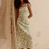 CaCay Jari Printed Midi Dress with Overlay Yoke / Medium Green