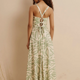 CaCay Jari Printed Midi Dress with Overlay Yoke / Medium Green