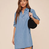 Bella Dahl A Line Rolled Tab Sleeve Dress / Indigo Harbor Wash