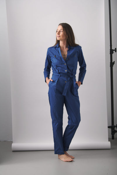 Cotton Long Sleeve Jumpsuit Denim Blue