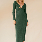 Asha long Sleeve keyhole Midi Dress / Metallic Green
