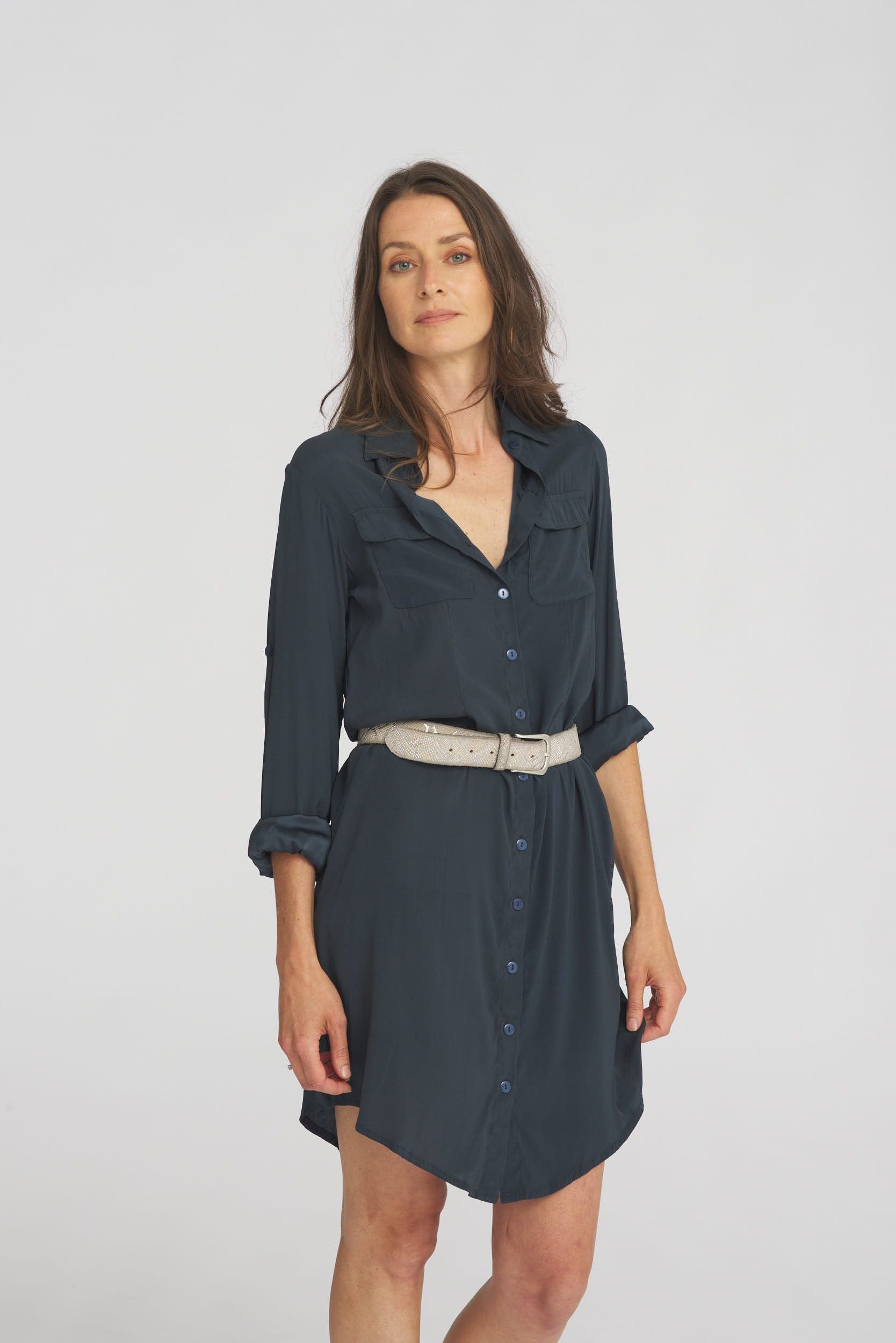 Enzo Classic Silk Shirt Dress Washed Navy